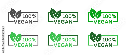 100% vegan vector icons. Organic, bio, eco symbols. Vegan, no meat, lactose free, healthy, fresh and nonviolent food. Rectangular green vector illustrations with leaves for printing on food packaging