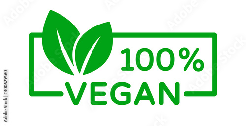 100% vegan vector icon. Organic, bio, eco symbol. Vegan, no meat, lactose free, healthy, fresh and nonviolent food. Rectangular green vector illustration with leaves for printing on food packaging