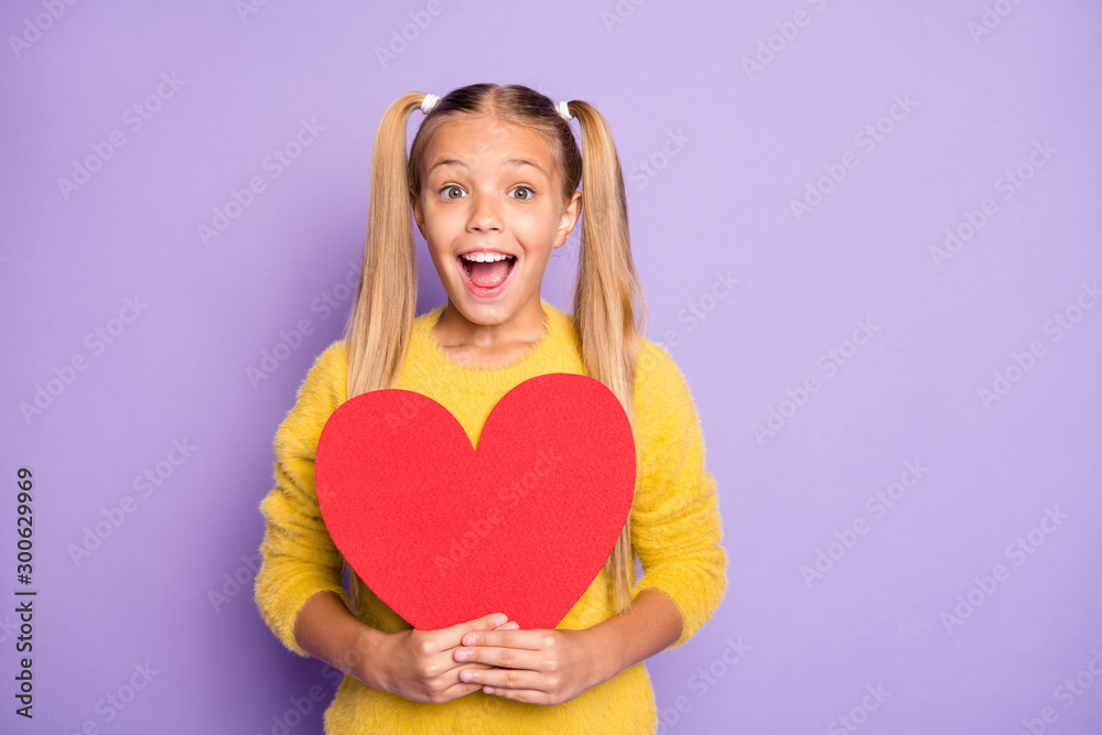 14-february omg. Portrait of cute impressed kid get hold big red paper card heart wonder scream wow unbelievable wear yellow jumper isolated over purple color background 14-february omg. Portrait of cute impressed kid get hold big red paper card heart wonder scream wow unbelievable wear yellow jumper isolated over purple color background