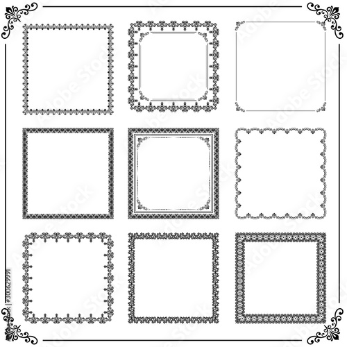 Vintage set of elements. Different square elements for decoration and design frames, cards, menus, backgrounds and monograms. Classic patterns. Set of vintage black patterns