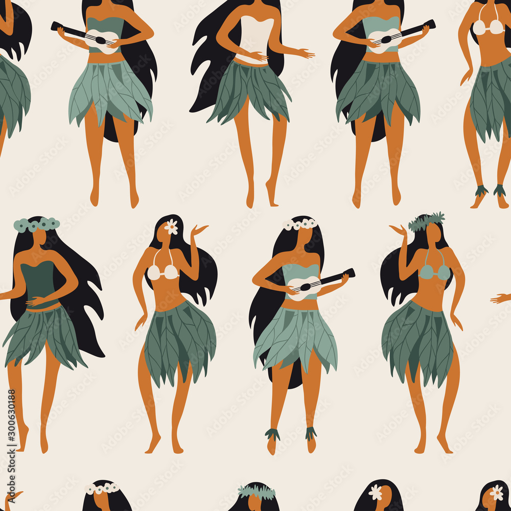 Obraz premium Seamless pattern with Hawaiian girls are dancing hula