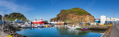 Panorama of the dock - harbour of Vestmannaeyjar, Westman island in Iceland.