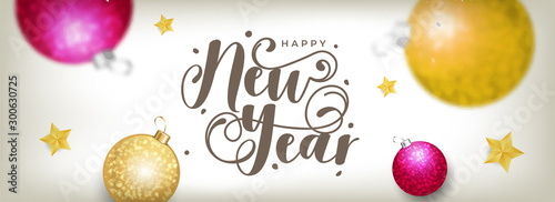 Calligraphy of Happy New Year with stars and baubles decorated on header or banner design for celebration concept.