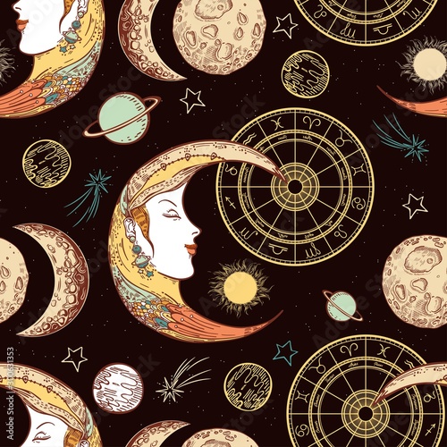 Seamless pattern. Moon face sun and crescent. Zodiac circle.