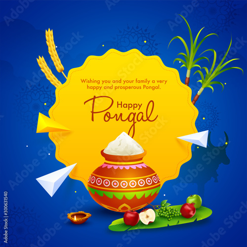 Happy Pongal wishing card or poster design with rice mud pot, fruits, sugarcane, wheat ear and 3d geometric elements on blue background.