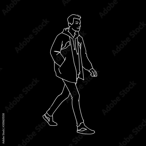 Sporty young man taking a walk. Side view. Monochrome vector illustration of man in jacket, jeans and sneakers walking in simple line art style. White lines isolated on black background. Concept