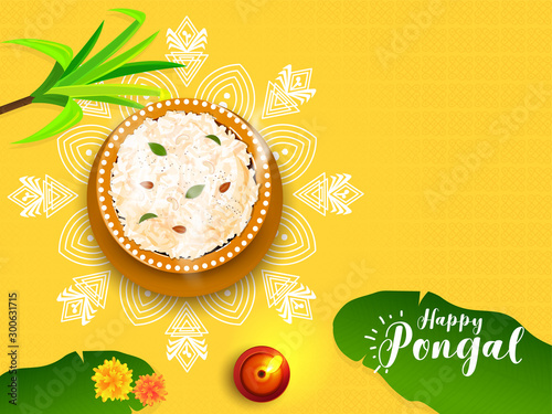 Top view of pongali rice in mud pot with illuminated oil lamp (Diya), sugarcane and banana leaves on yellow background for Happy Pongal celebration greeting card design.