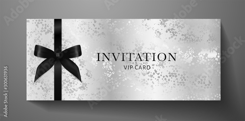 Luxurious VIP Invitation template with black bow, ribbon on silver textured background. Premium class design for Gift certificate, Voucher, Gift card 