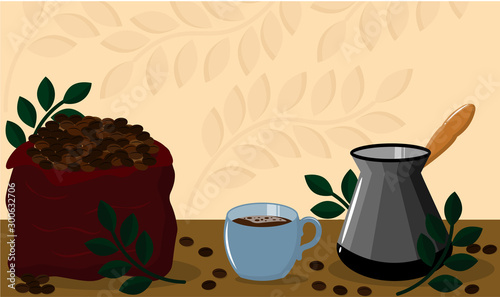 bag with coffee beans and a cup with cezve