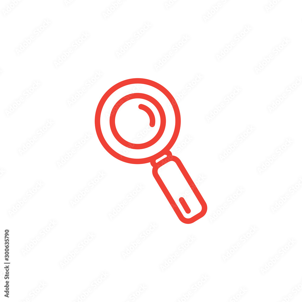 Magnifying Glass Line Red Icon On White Background. Red Flat Style Vector Illustration. Magnifying Glass Line Red Icon On White Background. Red Flat Style Vector Illustration.