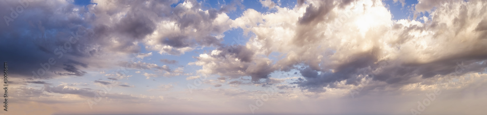 Blue morning sky with clouds (wide background panorama).