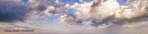 Blue morning sky with clouds (wide background panorama).