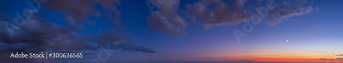 Night after sunset sky with clouds, stars and Moon (wide background panorama).