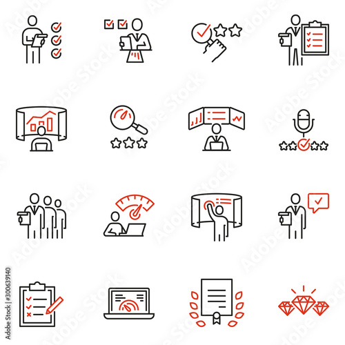 Vector set of linear icons related to analytics, data processing and conclusion. Auditor, analyst and expertise. Mono line pictograms and infographics design elements