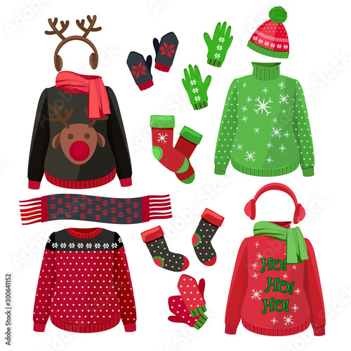 Christmas clothes. Winter ugly sweaters hats gloves scarves pullover with textile decoration vector pictures. Christmas hat and scarf, clothes jumper to winter holidays illustration