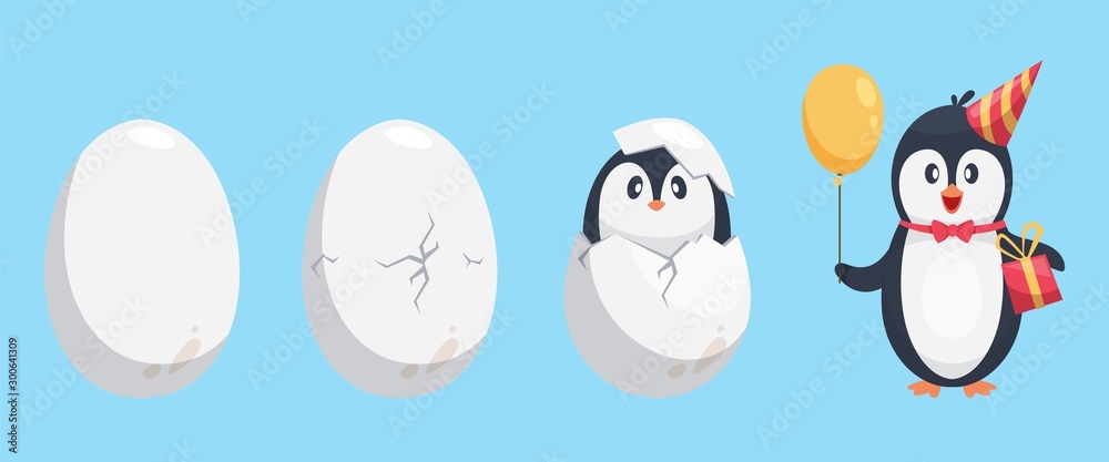 Penguin egg. Birth stages of penguin. Cute cartoon animal newborn vector illustration. Broken egg bird, nature polar and adorable newborn - obrazy, fototapety, plakaty 