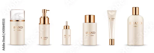 Obraz Cosmetic bottles. Realistic golden packaging for serum, cream, shampoo, balm. Vector cosmetic mockup isolated on white background. Illustration cosmetic product with golden caps