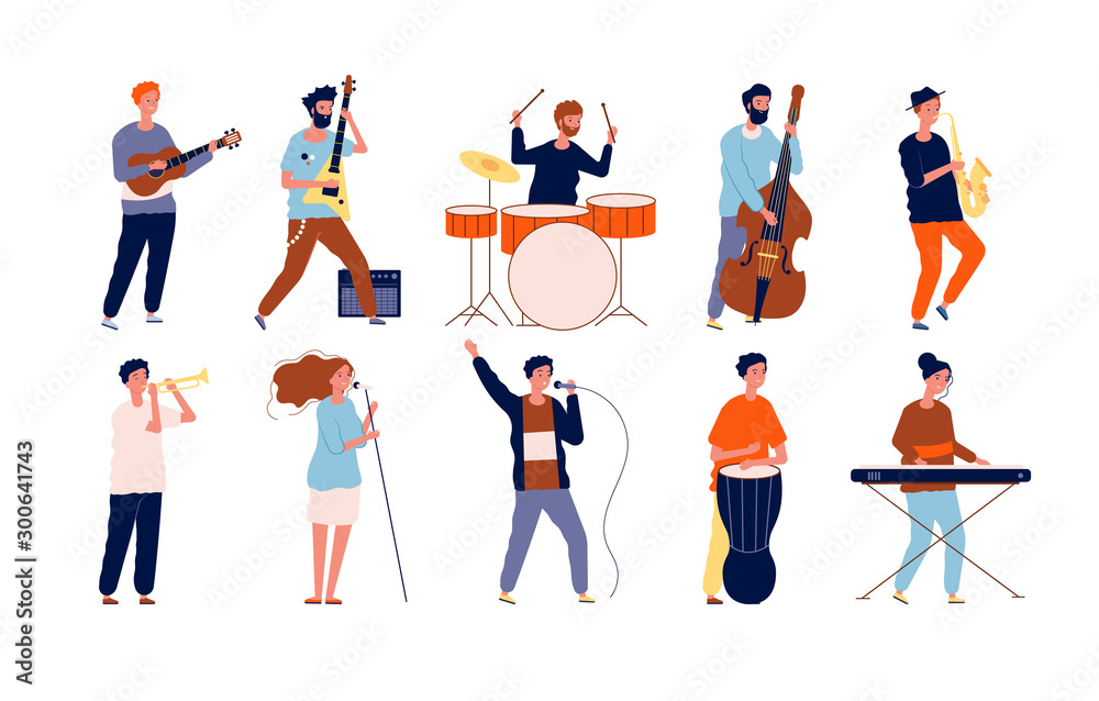 Musicians characters. Creative performing peoples in different poses playing at musical instruments and singing. Vector musicians. Man with instrument, concert musical performance illustration - obrazy, fototapety, plakaty 