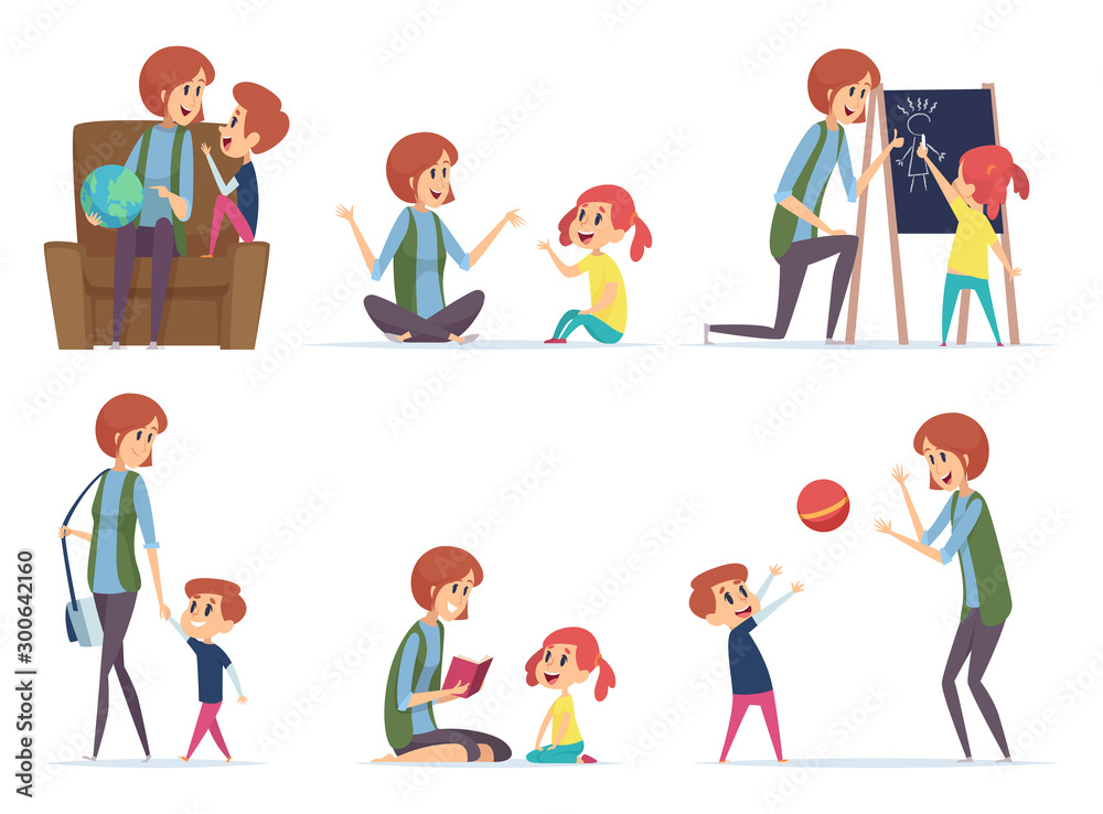 Fototapeta premium Babysitters. Nanny playing with kids preschool childrens busy parents mom vector cartoon characters. Babysitter or nanny with kids boy and girl illustration