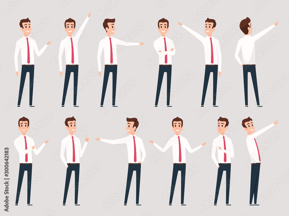 Businessman pointing. Managers male workers standing and direction pointing fingers successful person vector characters. Illustration businessman standing and show present Businessman pointing. Managers male workers standing and direction pointing fingers successful person vector characters. Illustration businessman standing and show present