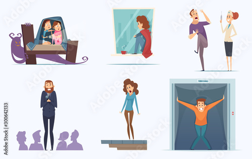 Fears people. Scary persons childrens expression nervous afraid panic phobia terrorism shadows vector characters. Illustration scary and fear, panic phobia, person stress and afraid photo