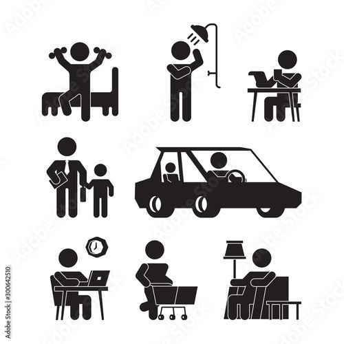Daily routine icons. Active person lifestyle silhouettes wake up eating bathing working sleeping vector pictograms. Illustration daily routine life, wake and sleep