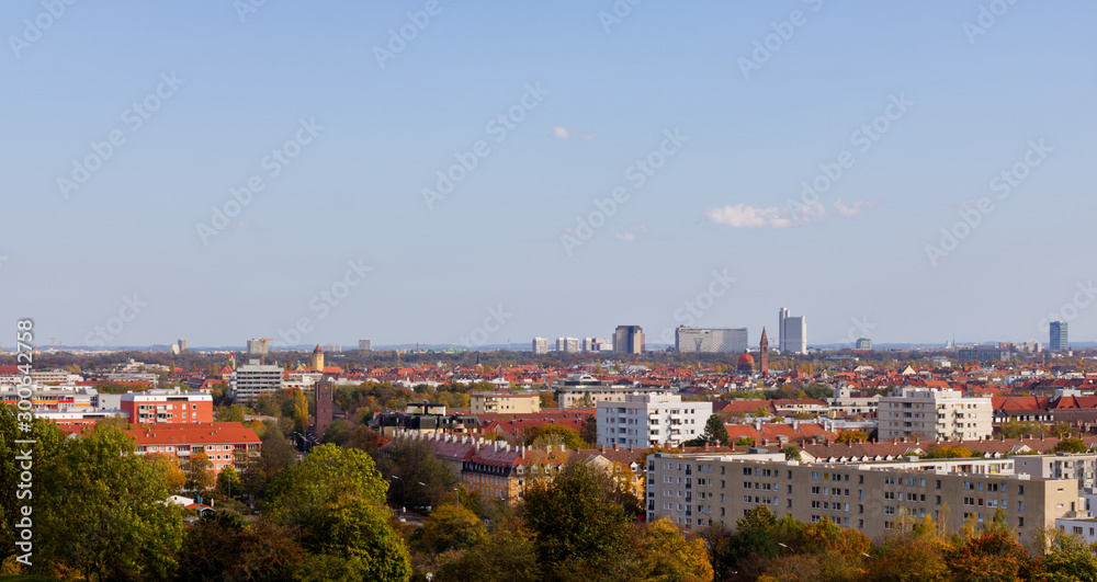 Munich skyline photographed from the Olympia hill in Munich Olympiapark on a clear day
