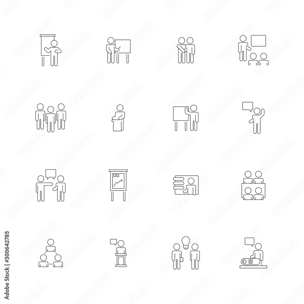 Business trainings icon. Managers coaching seminar group presentation business speaker students and teacher vector symbols. Illustration education seminar, presentation speaker and training