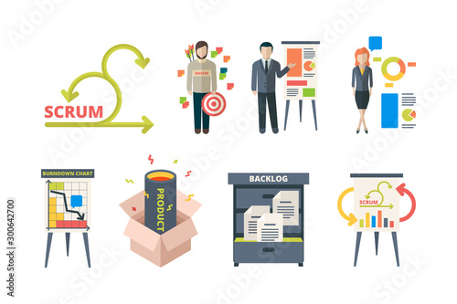 Scrum system. Business processes time management agility team work methodology framework software development project management vector. Agile system strategy software project development illustration