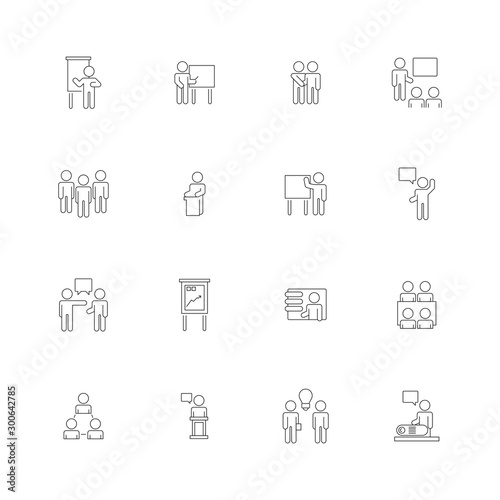 Business trainings icon. Managers coaching seminar group presentation business speaker students and teacher vector symbols. Illustration education seminar, presentation speaker and training
