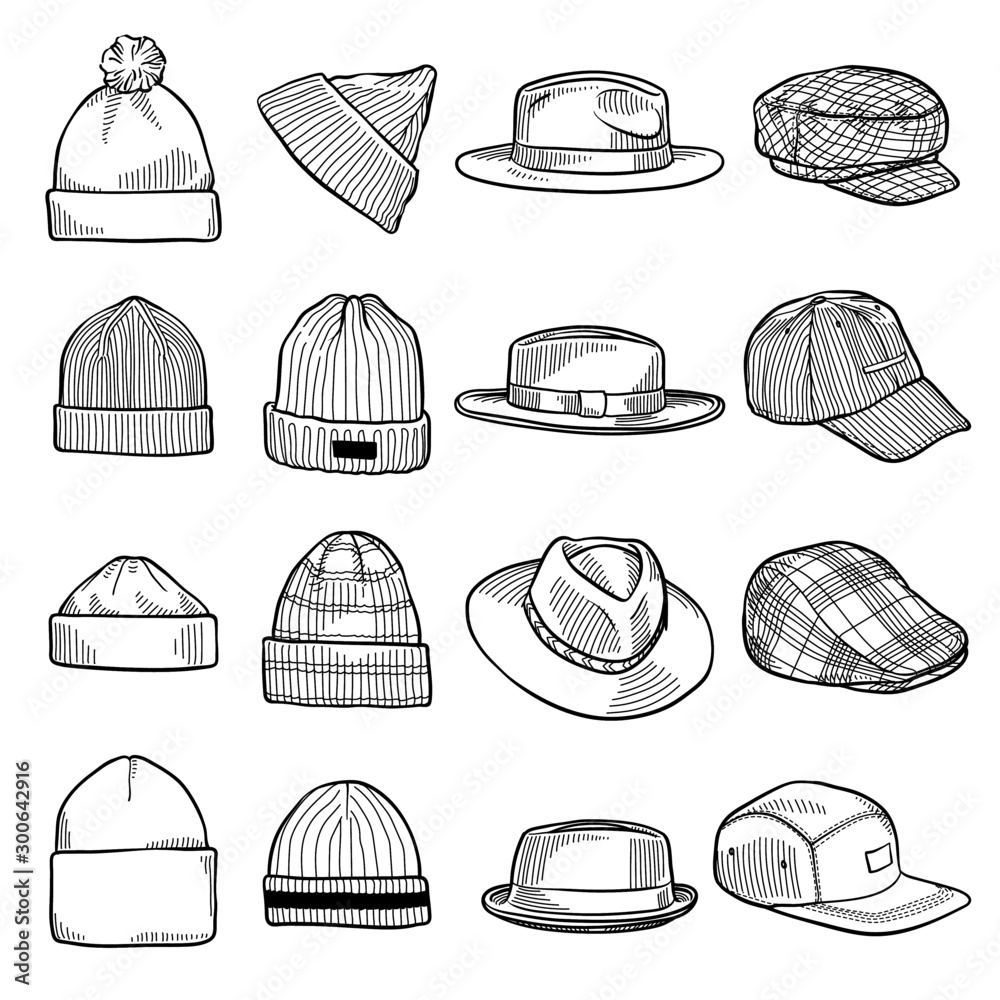 Set of fashion men's caps and hats sketches: baseball caps, felt hats,  trucker cap, baker boy cap, knitted hats, fisherman beanie, bucket hat.  Vector isolated Stock Vector | Adobe Stock