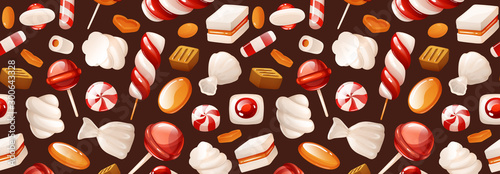 Header with bright pattern of candies. Cartoon