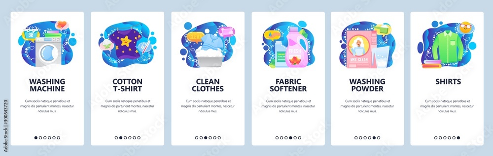Mobile app onboarding screens. Laundry service icons, washing machine, liquid softener, powder. Menu vector banner template for website and mobile development. Web site design flat illustration