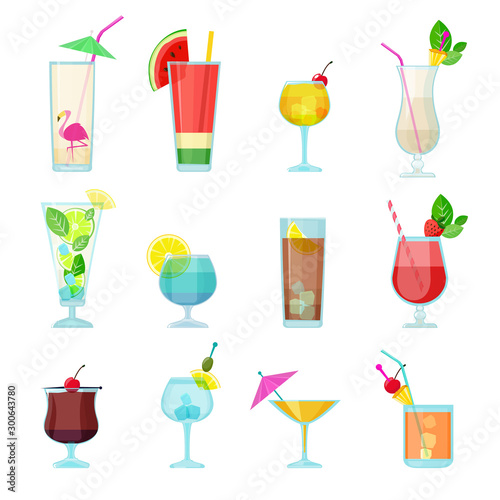 Cocktails collection. Alcoholic summer drinks liquid food in glasses mojito vodka sambuca martini vector set. Martini and mojito cocktail, liquid alcohol illustration photo