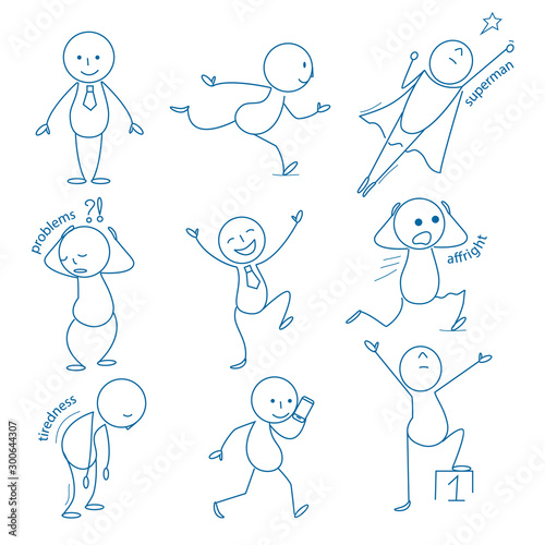 Business stickman. Hand drawn figures in different action poses running standing holding pointing sitting jumping vector business doodles. Illustration stickman cartoon drawing, figure character