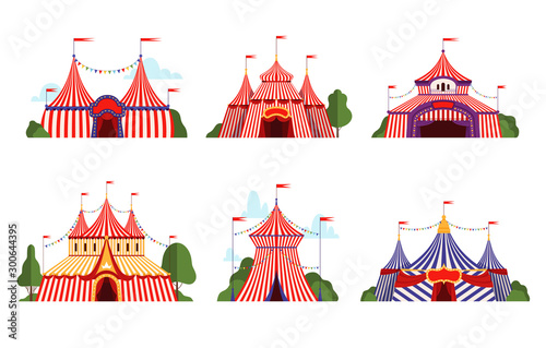 Circus tent. Carnival circus canopy stripe tent different styles happy party symbols vector cartoon collection. Illustration circus carnival tent with flag, performance cirque