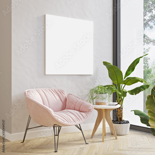 Picture mockup on light wall above modern pink armchair and plants. Modern minimalistic Scandinavian style interior design. Poster mockup. Modern design room with bright daylight. 3d rendering