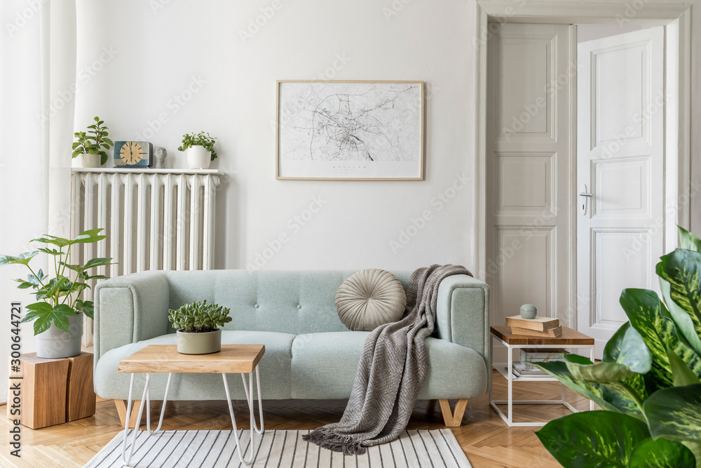 Modern scandinavian living room interior with stylish mint sofa, furnitures, mock up poster map, plants,  and elegant personal accessories. Home decor. Interior design. Template. Ready to use.  - obrazy, fototapety, plakaty 