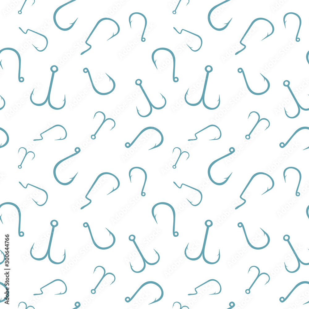 Seamless pattern with different types of fishing hooks on white background.  Fishing texture. Flat design. Vector illustration. Stock Vector
