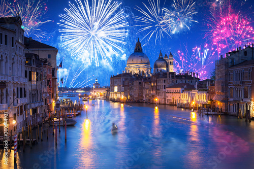 New Years firework display the Santa Maria della Salute Basilica in Venice, Italy