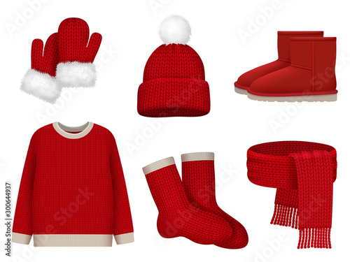 Season winter clothes. Wool scarf cold weather hat mittens and socks vector realistic clothes fashioned collection. Scarf and sweater, christmas mittens and cap illustration