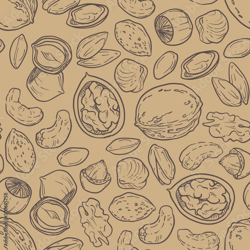 Seamless pattern with nuts sketches. Hand drawn vector illustration. Organic food. Craft paper background, wallpaper design, packaging design