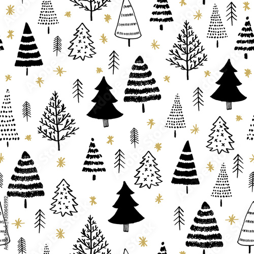 Winter graphic seamless pattern with christmas trees in black on white background and gold stars. Surface design for textile, fabric, wallpaper, wrapping, giftwrap, paper, scrapbook and packaging.