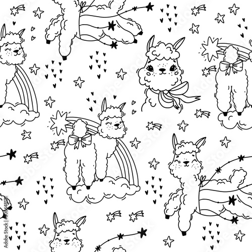 Monochrome vector seamless pattern with alpaca and llama. Cute background for children's rooms, doors, wallpapers. Doodle style