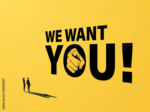 Hiring ad banner or poster vector concept with sign and pointing hand at people. Recruitment, job vacancy promotion.