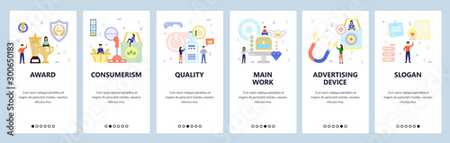 Mobile app onboarding screens. People shop gorcery, award, winner trophy, gimmick, magnet, idea. Menu vector banner template for website and mobile development. Web site design flat illustration