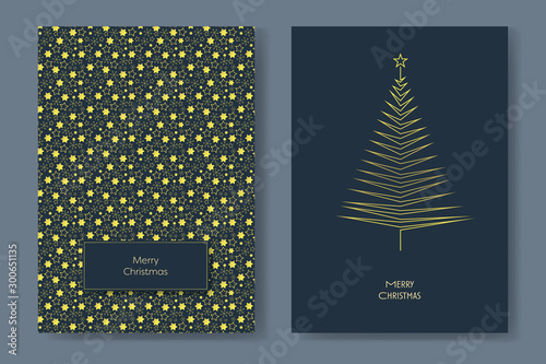 Two christmas card vector templates with gold glittery christmas trees with minimalist geometry shapes. Holiday season decoration.