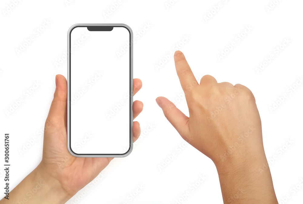 Hand Holding Mobile Phone and Hand With Pointing Finger Isolated on White Background.