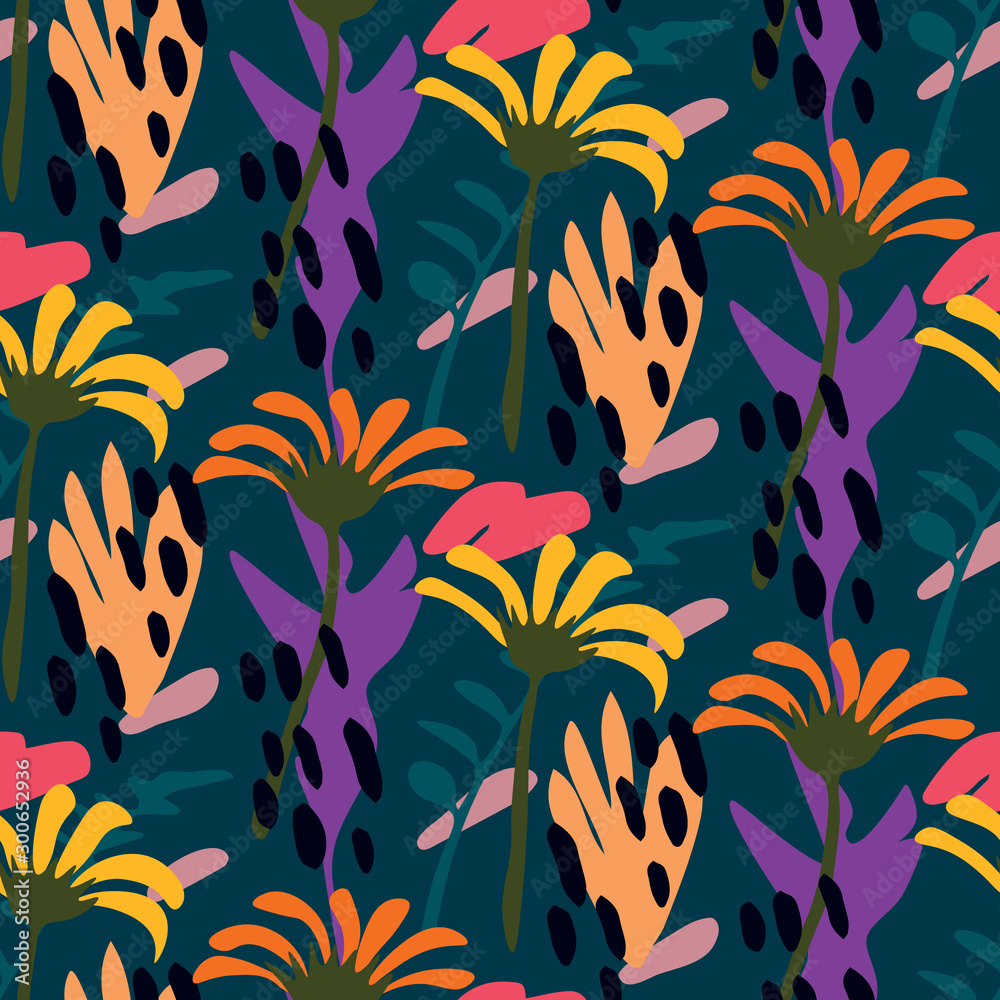 abstract seamless repeat pattern with flowers and plants