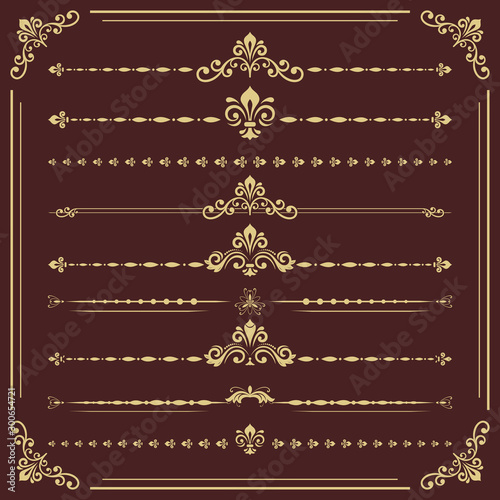 Vintage set of vector decorative golden elements. Horizontal separators in the frame. Collection of different ornaments. Classic golden patterns. Set of vintage patterns